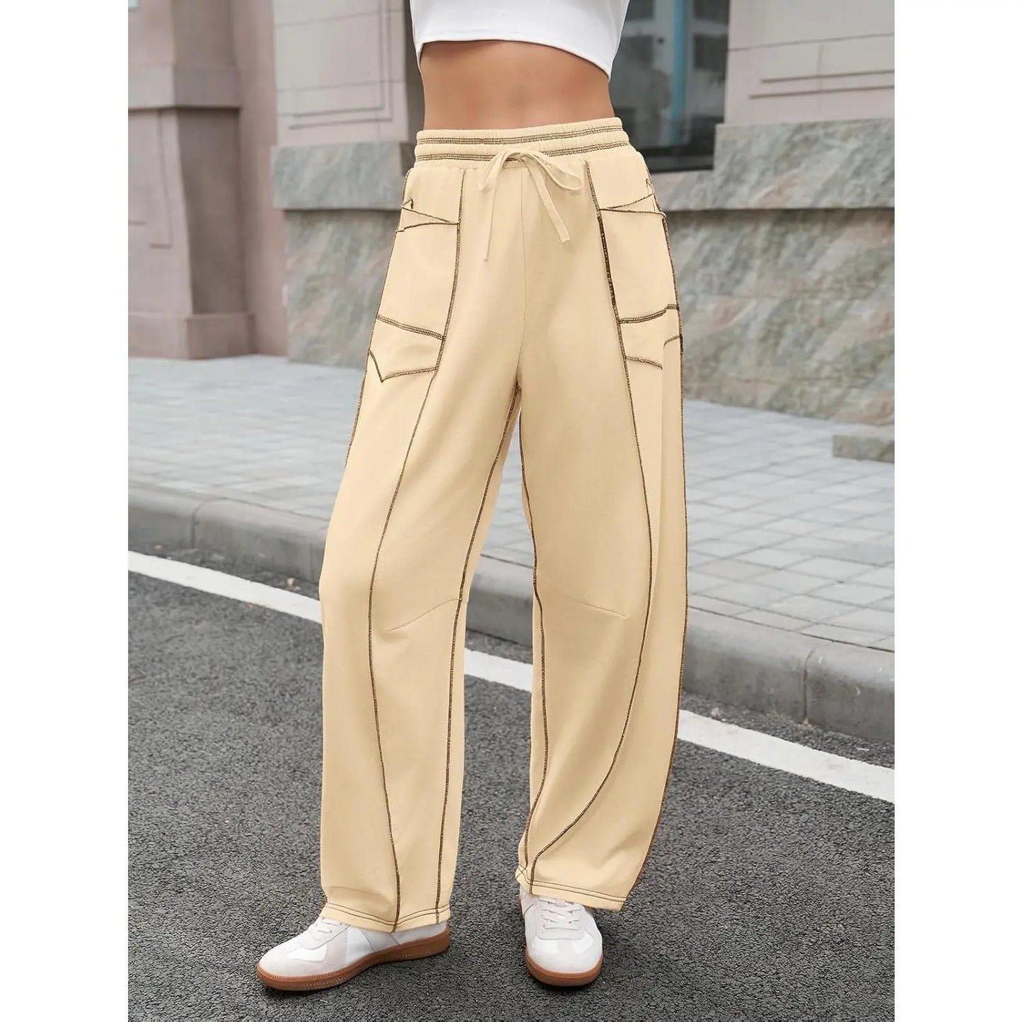 Pantalon Barrel à Surpiqûres Contrastées
