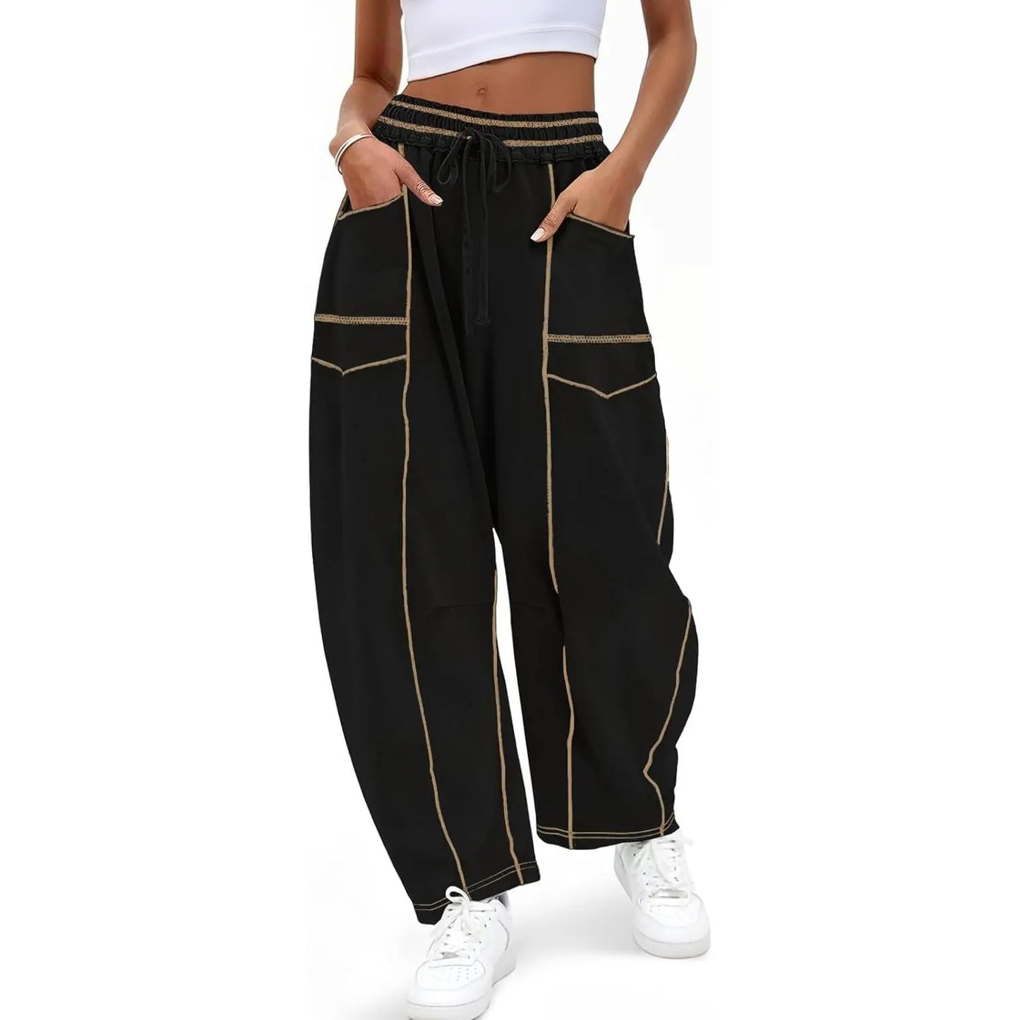 Pantalon Barrel à Surpiqûres Contrastées