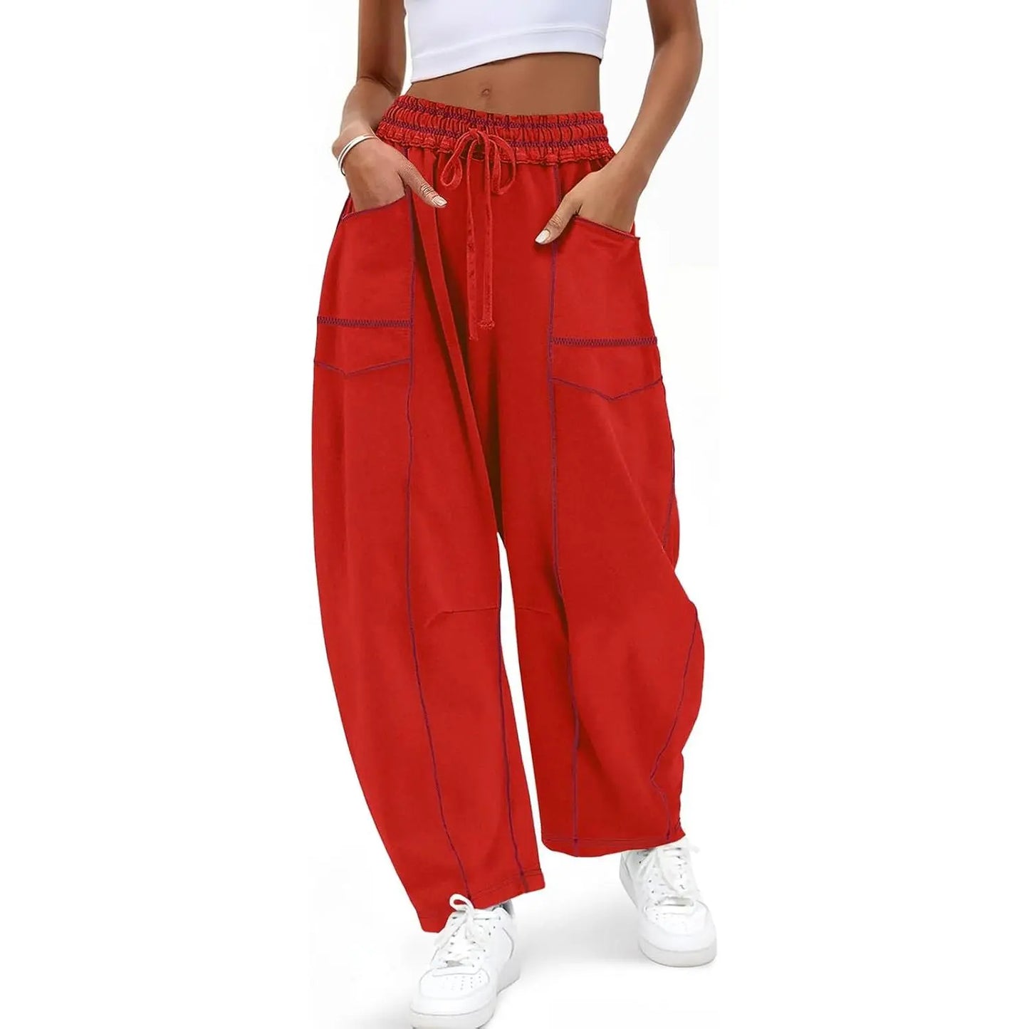 Pantalon Barrel à Surpiqûres Contrastées
