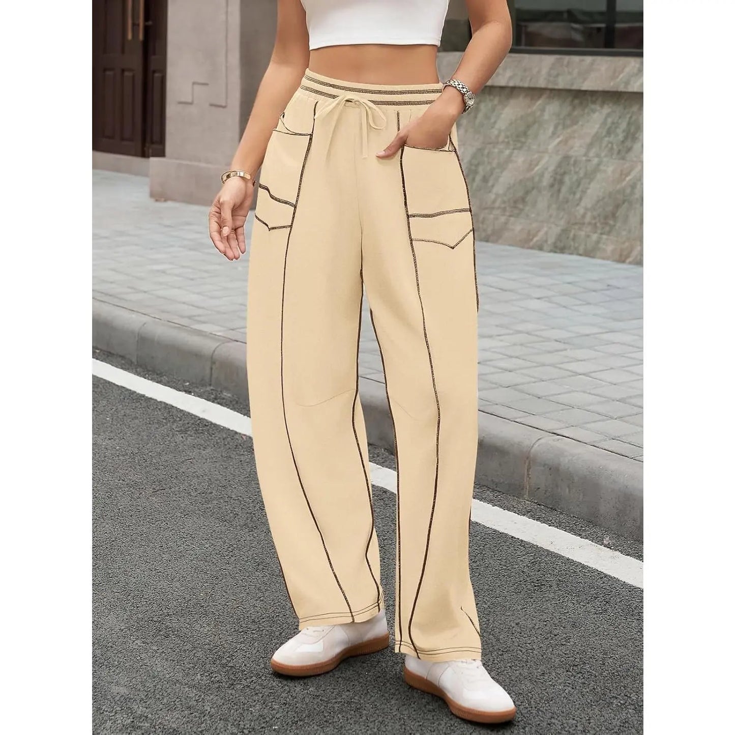 Pantalon Barrel à Surpiqûres Contrastées
