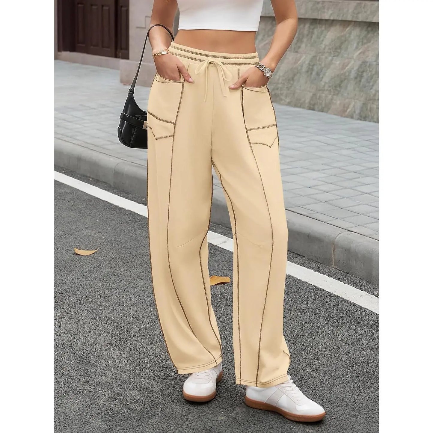 Pantalon Barrel à Surpiqûres Contrastées