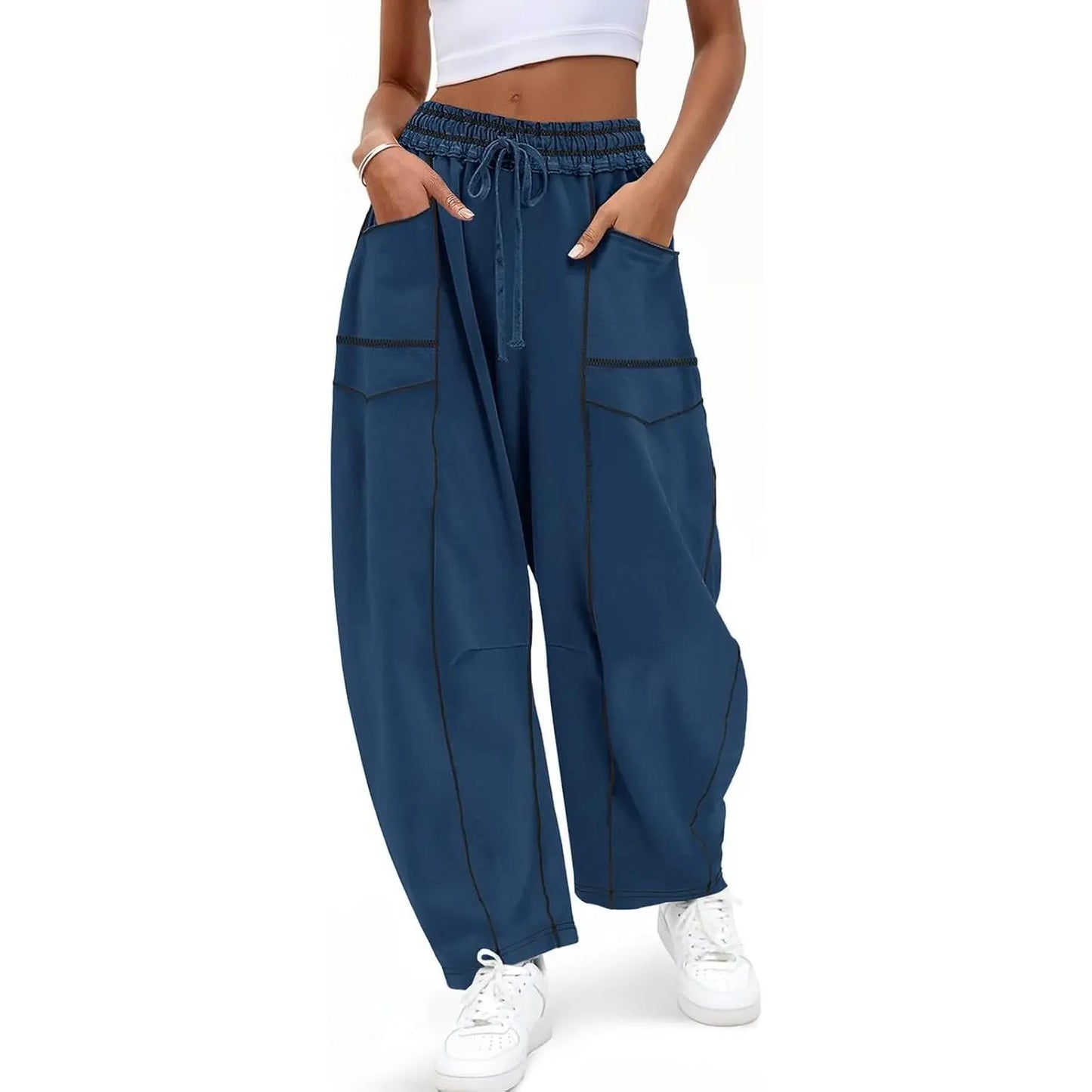 Pantalon Barrel à Surpiqûres Contrastées