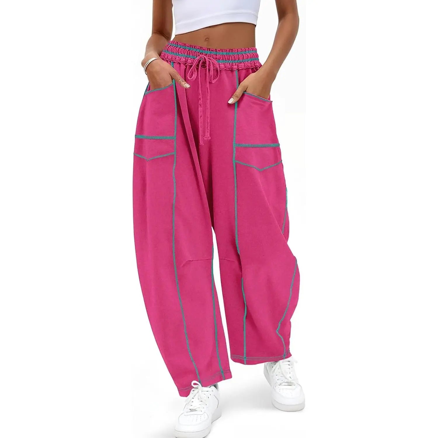 Pantalon Barrel à Surpiqûres Contrastées